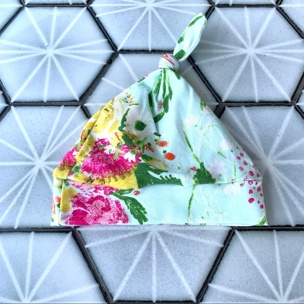 Infant Mint Floral Top Knot Hat